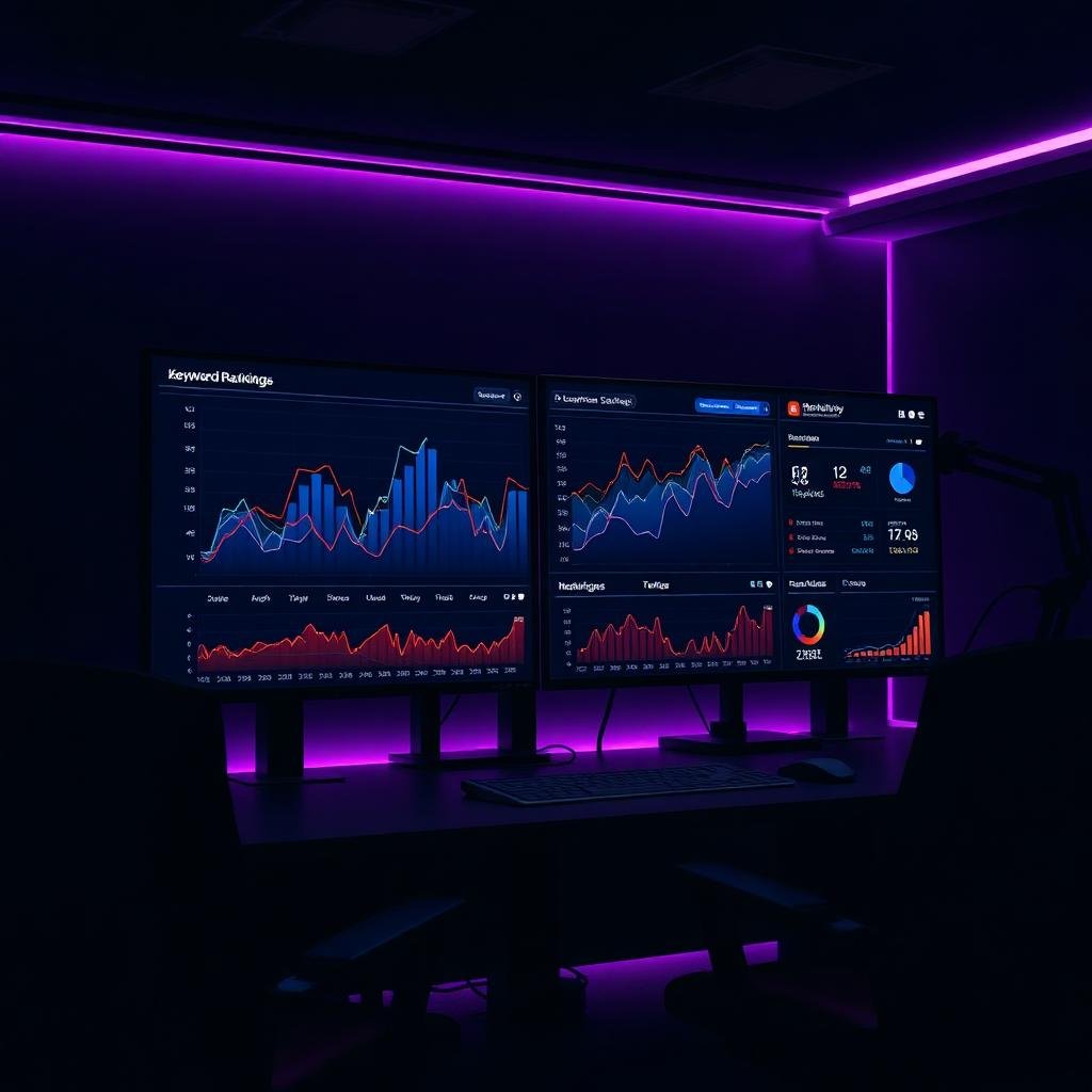 SEO dashboard showing keyword rankings and organic traffic growth